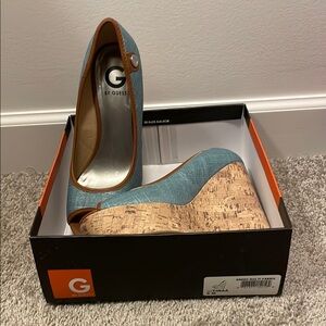 Guess Blue and Tan Wedges with Cork Platform